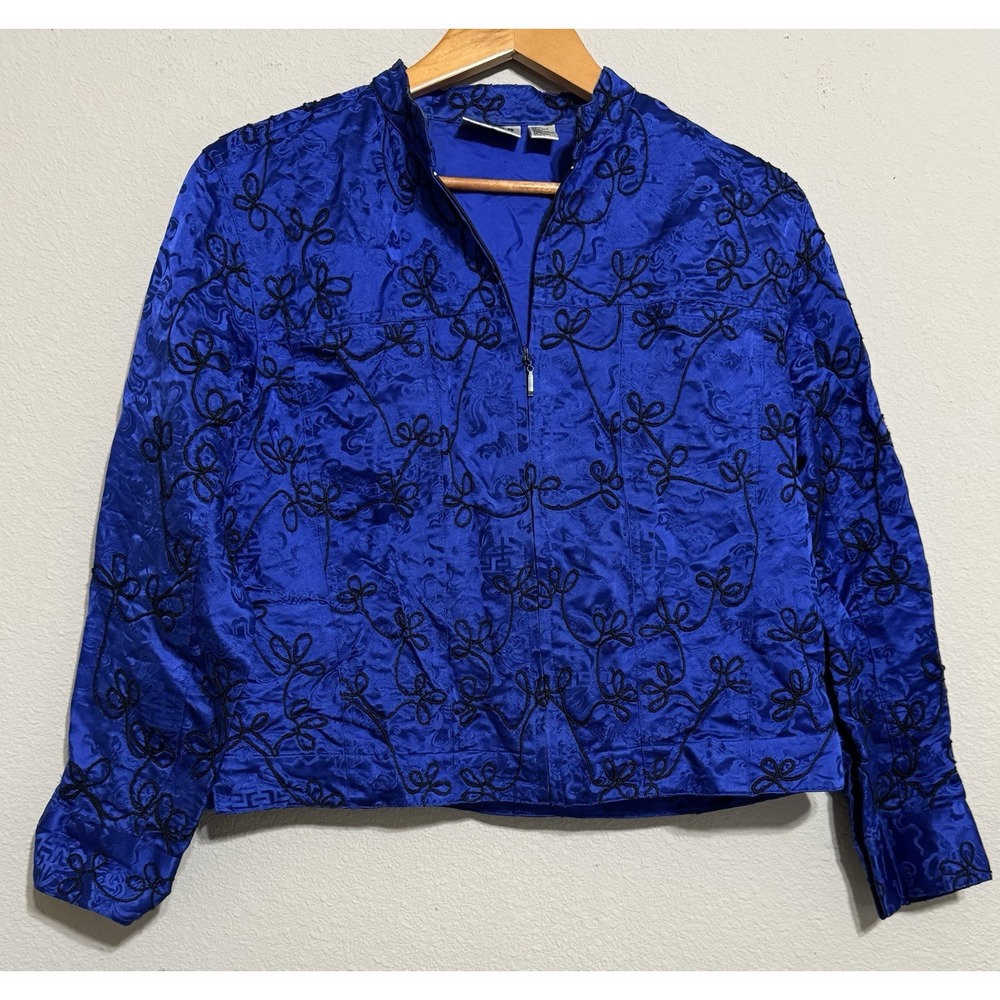 Chico's Design 100%‎ Silk Embroidered Jacket Blazer Women's Size 1 Medium Blue